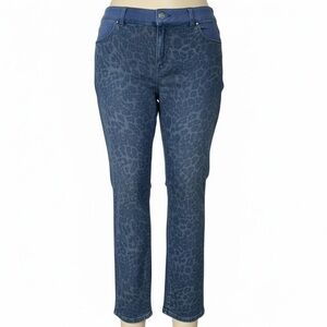 Chico’s Platinum Dark Blue &!Gold Leopard Print Skinny Jeans, Size 3/XL 16/18